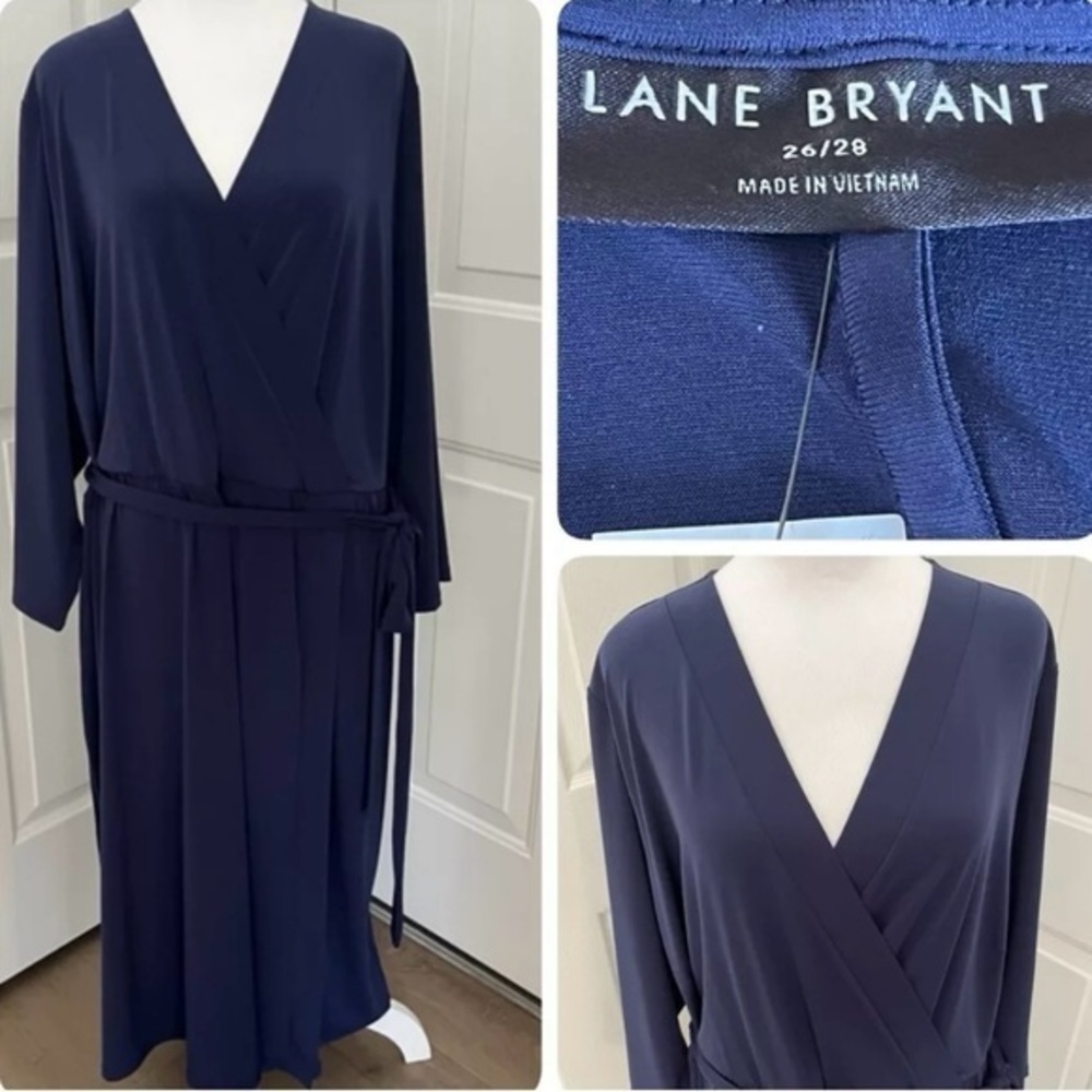 Lane Bryant Wrap Jersey Midi V Neck Dress Navy Empire Waist Belted 26/28‎ NWT